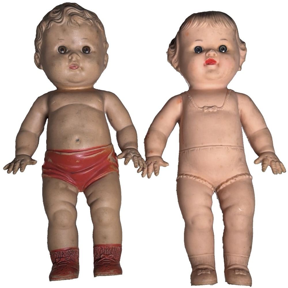 Vintage 1950s  Sun Rubber Tod-L-Tin Dolls Lot of 2 Squeak Babies As Is
